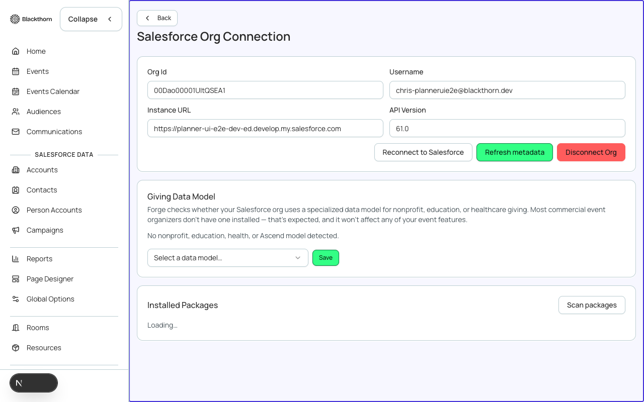 The Forge Admin page shows connection status, mapped objects, and permission diagnostics.