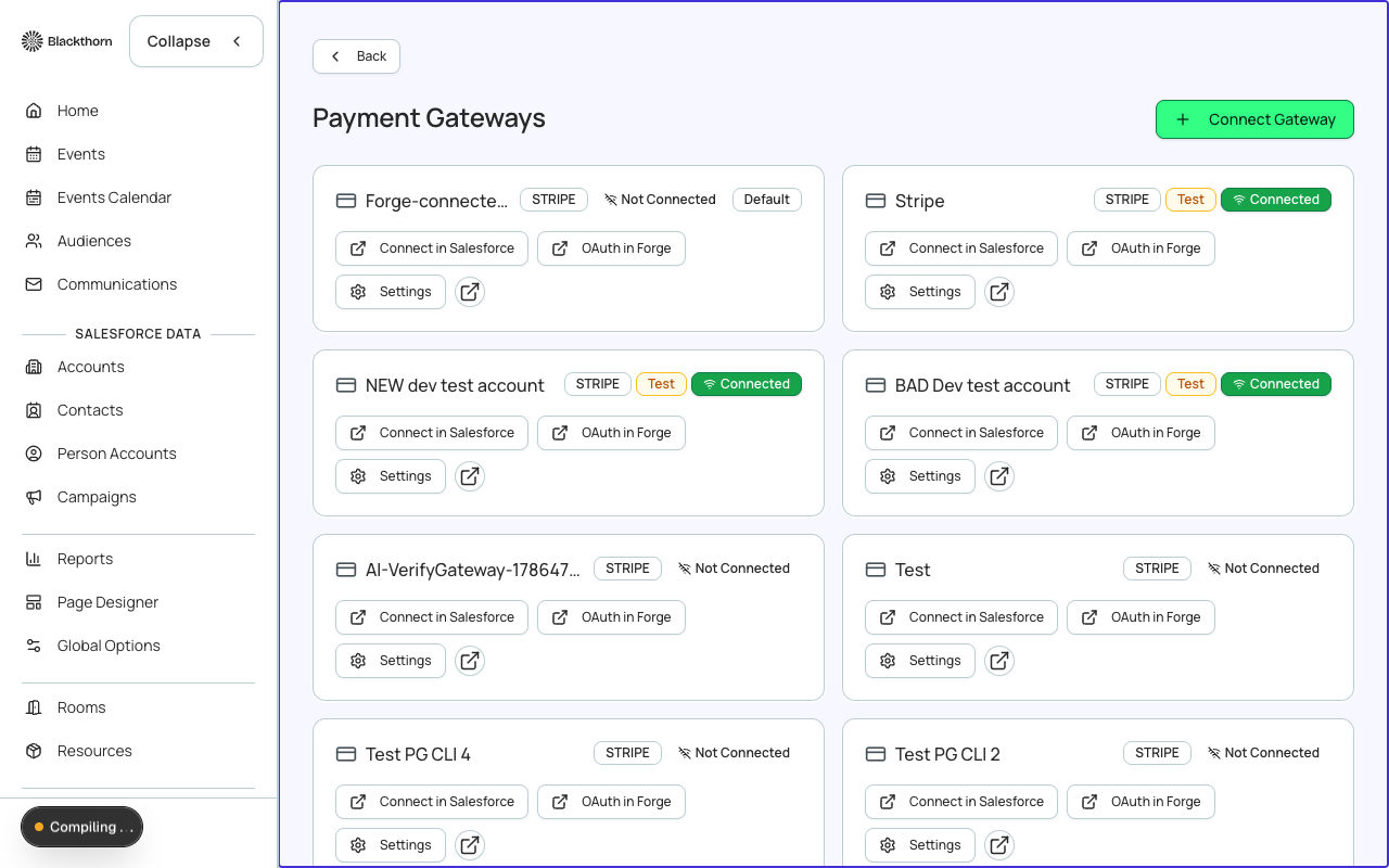 The Payment Gateways list showing active and inactive gateway records.