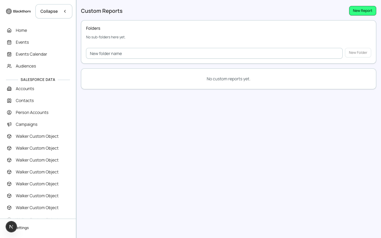 The Custom Reports list, with folders for organizing saved reports.