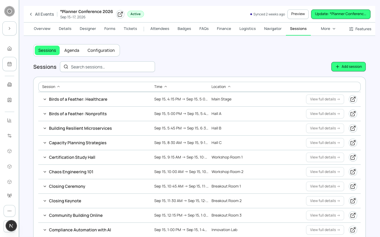 Sessions tab — add breakouts, assign rooms, and set per-session capacity limits.
