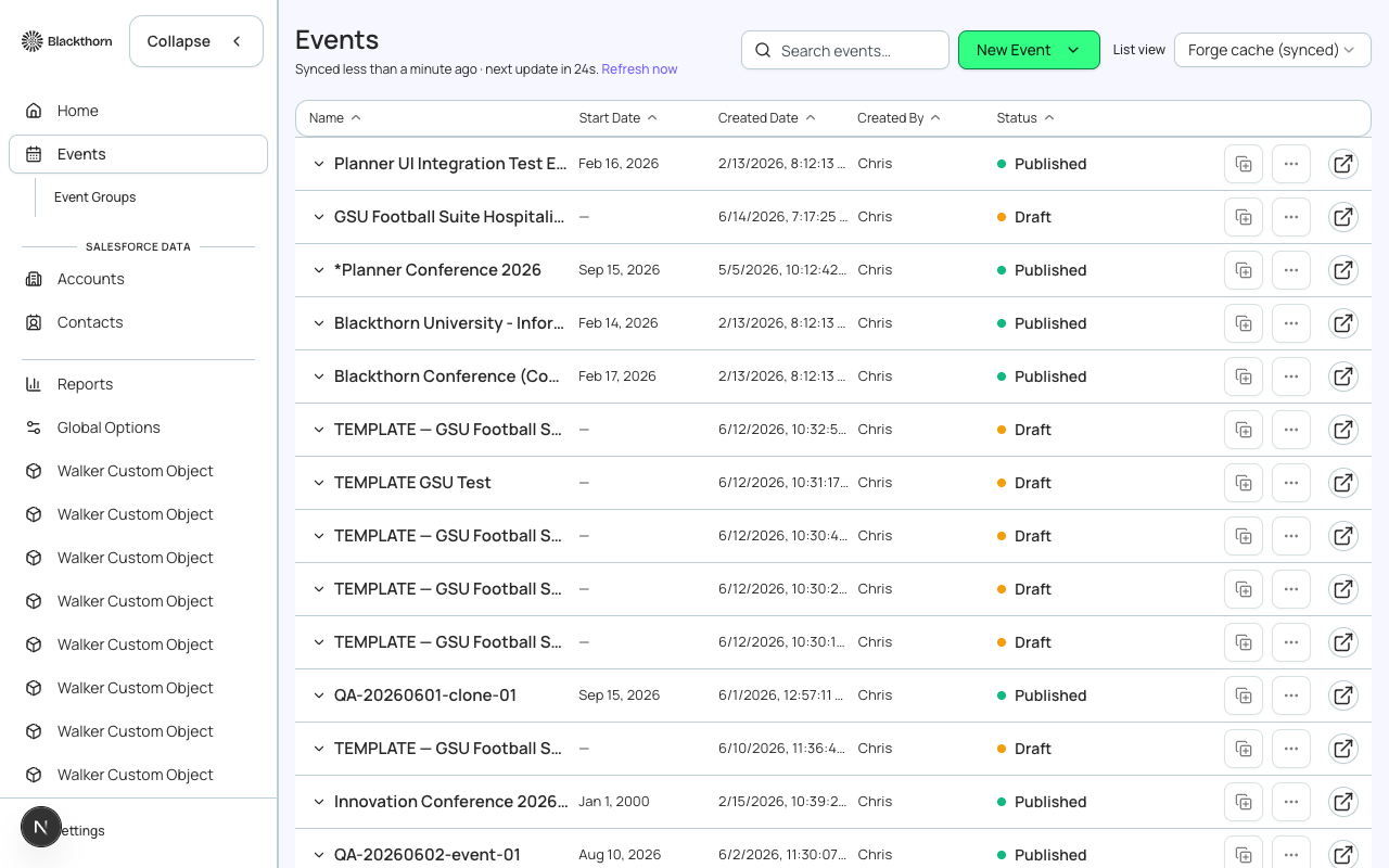 The Events list — every event your org has ever created, filterable by status and date.