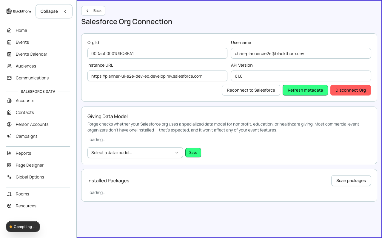 The Giving Data Models admin panel showing NPSP detected, bridge fields active, and sync projection configuration.