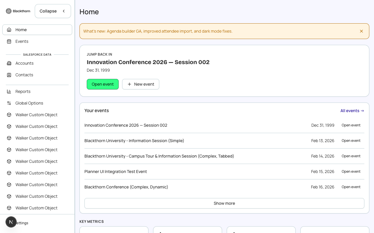The Forge Home dashboard — your starting point for every event.