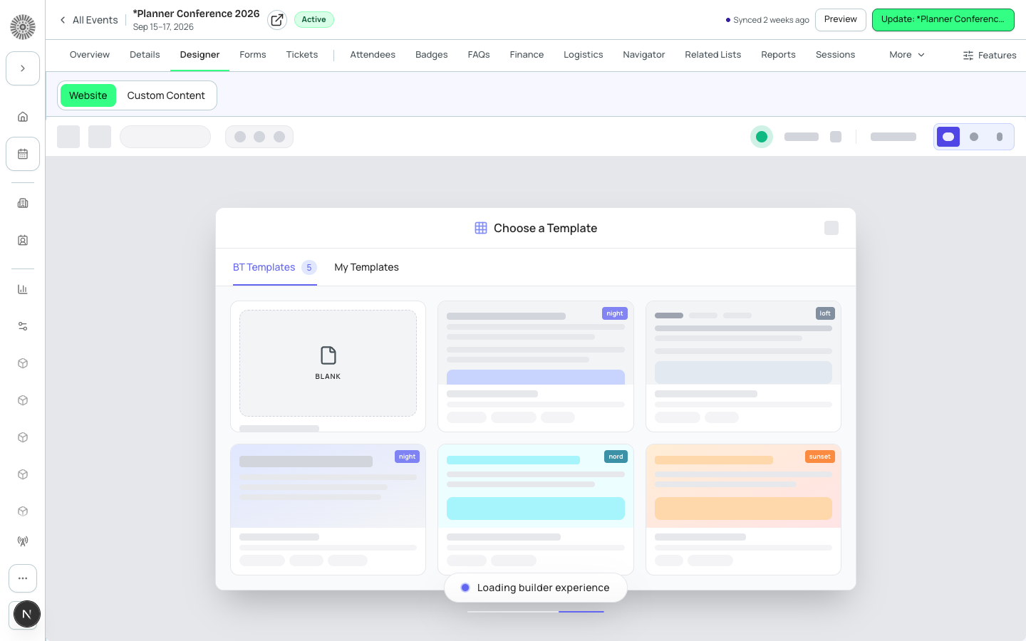The Page Designer canvas for Planner Conference 2026, showing a mix of Hero, Schedule, and Speakers blocks.