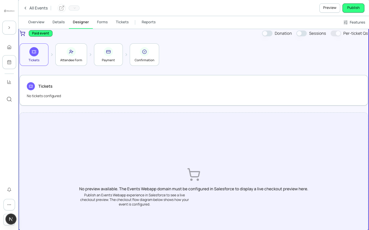 Checkout flow with multiple ticket tiers and an optional donation item.